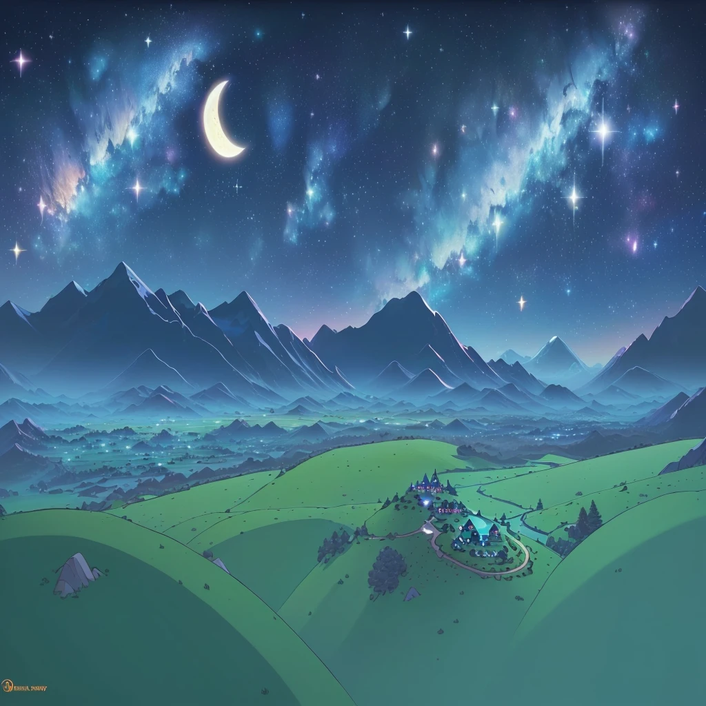 cartoon of a mountain landscape with a star filled sky and a crescent, moonlit starry sky environment, on an alien grassland, endless cosmos in the background, amazing background, galactic landscape, nightime village background, from rick and morty, high quality desktop wallpaper, steven universe, cosmos backdrop, background artwork, animated episode still, distant village background, cosmic landscape