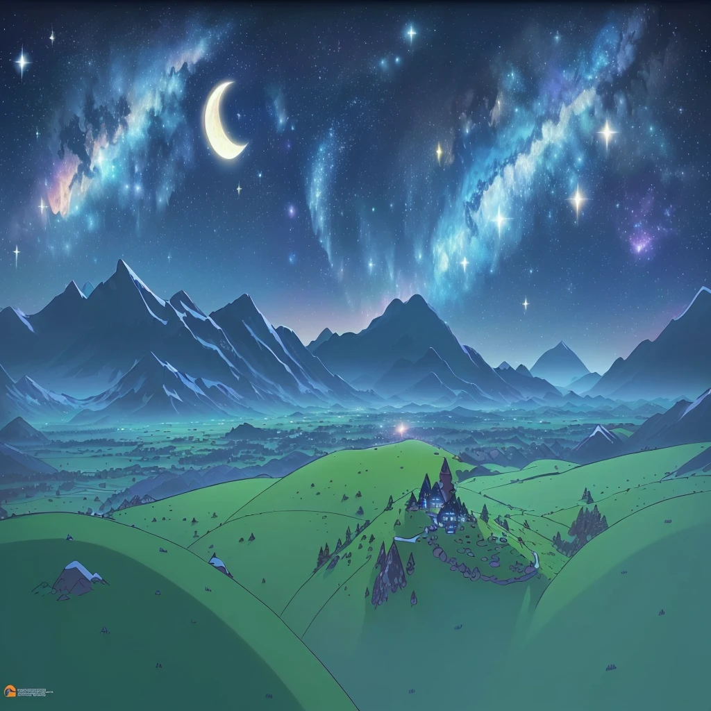 cartoon of a mountain landscape with a star filled sky and a crescent, moonlit starry sky environment, on an alien grassland, endless cosmos in the background, amazing background, galactic landscape, nightime village background, from rick and morty, high quality desktop wallpaper, steven universe, cosmos backdrop, background artwork, animated episode still, distant village background, cosmic landscape