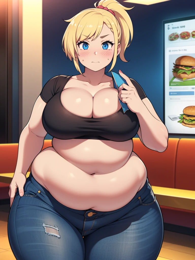 ((Masterpiece)), perfect anatomy, perfect shading, field of depth, (best quality), extremely delicate and beautiful, perfect lighting, detailed face, ultra cute face, cute, ((1girl)), ((solo))

short fluffy blonde hair, ponytail, blue eyes, ((blush)), nervous, looking at viewer, crop top, jeans, cleavage, large breasts, ((thick thighs)), (wide hips), plump, chubby belly, belly hang, fat folds

intricate background, detailed background, fast food restaurant,
