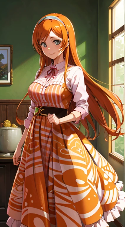 1girl, Orihime Inoue, orange hair, longe hair, pink dress, stripy print outfit, legins, longe slevees, blue hair clip, hairband, room, Indoors, smiling, long slevess dress, long skirt dress,