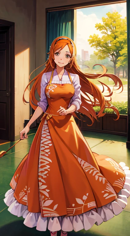 1girl, Orihime Inoue, orange hair, longe hair, pink dress, stripy print outfit, legins, longe slevees, blue hair clip, hairband, room, Indoors, smiling, long slevess dress, long skirt dress,