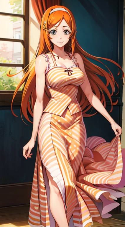 1girl, Orihime Inoue, orange hair, longe hair, pink dress, stripy print outfit, legins, longe slevees, blue hair clip, hairband, room, Indoors, smiling, long slevess dress, long skirt dress,