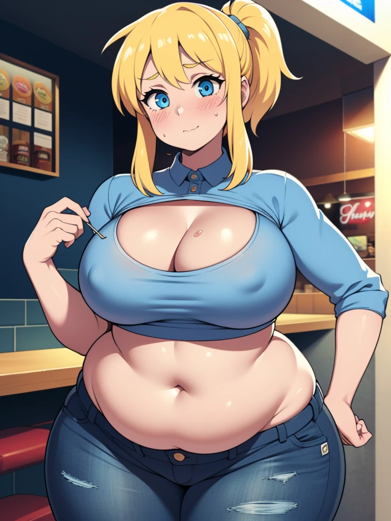((Masterpiece)), perfect anatomy, perfect shading, field of depth, (best quality), extremely delicate and beautiful, perfect lighting, detailed face, ultra cute face, cute, ((1girl)), ((solo))
short fluffy blonde hair, ponytail, blue eyes, ((blush)), nervous, looking at viewer, crop top, jeans, cleavage, large breasts, ((thick thighs)), (wide hips), plump, chubby belly, belly hang, fat folds
intricate background, detailed background, fast food restaurant,