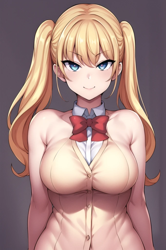 Simple White Background,
dynamic pose,standing at attention,
 red bowtie, ,cardigan, collared shirt, white shirt,long sleeves,
blue eyes, blonde hair,bangs,twintails, hair ornament, 
1 girl, 20yo,Young female,Beautiful long legs,Beautiful body,
Beautiful Nose,Beautiful character design, perfect eyes, perfect face,expressive eyes,perfect balance,
looking at viewer,(Focus on her face),closed mouth, (innocent_big_eyes:1.3),(Light_Smile:1.3),
official art,extremely detailed CG unity 8k wallpaper, perfect lighting,Colorful, Bright_Front_face_Lighting,White skin,
(masterpiece:1.0),(best_quality:1.0), ultra high res,4K,ultra-detailed,
photography, 8K, HDR, highres, absurdres:1.2, Kodak portra 400, film grain, blurry background, bokeh:1.2, lens flare, (vibrant_color:1.2),professional photograph,
(Beautiful,large_Breasts:1.4), (beautiful_face:1.5),(narrow_waist),