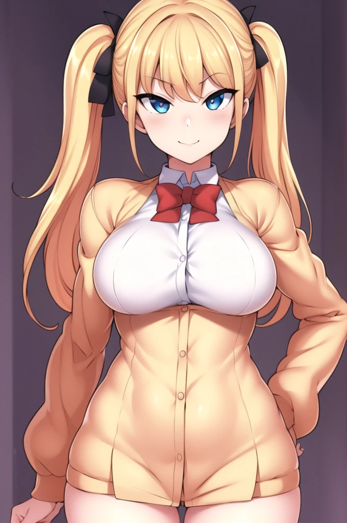 Simple White Background,
dynamic pose,standing at attention,
red bowtie, ,cardigan, collared shirt, white shirt,long sleeves,
blue eyes, blonde hair,bangs,twintails, hair ornament,
1 girl, 20yo,Young female,Beautiful long legs,Beautiful body,
Beautiful Nose,Beautiful character design, perfect eyes, perfect face,expressive eyes,perfect balance,
looking at viewer,(Focus on her face),closed mouth, (innocent_big_eyes:1.3),(Light_Smile:1.3),
official art,extremely detailed CG unity 8k wallpaper, perfect lighting,Colorful, Bright_Front_face_Lighting,White skin,
(masterpiece:1.0),(best_quality:1.0), ultra high res,4K,ultra-detailed,
photography, 8K, HDR, highres, absurdres:1.2, Kodak portra 400, film grain, blurry background, bokeh:1.2, lens flare, (vibrant_color:1.2),professional photograph,
(Beautiful,large_Breasts:1.4), (beautiful_face:1.5),(narrow_waist),