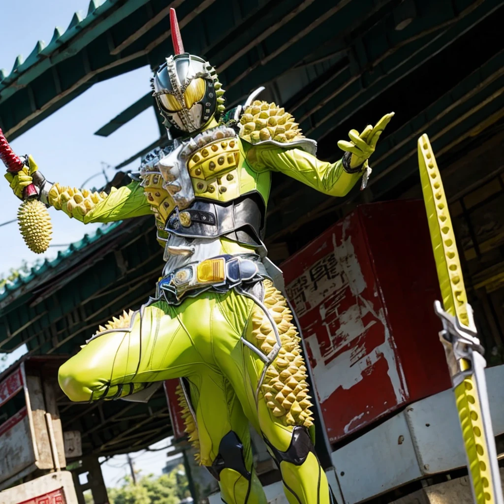 Kamen rider. Street bikes outfit. Kamen rider concept . ((Holding a durian sword)) At Chinese market . Sell a bunch lot of durian fruit.. kamen rider sell a durian. Open stall durian. Sell a durian fruit.