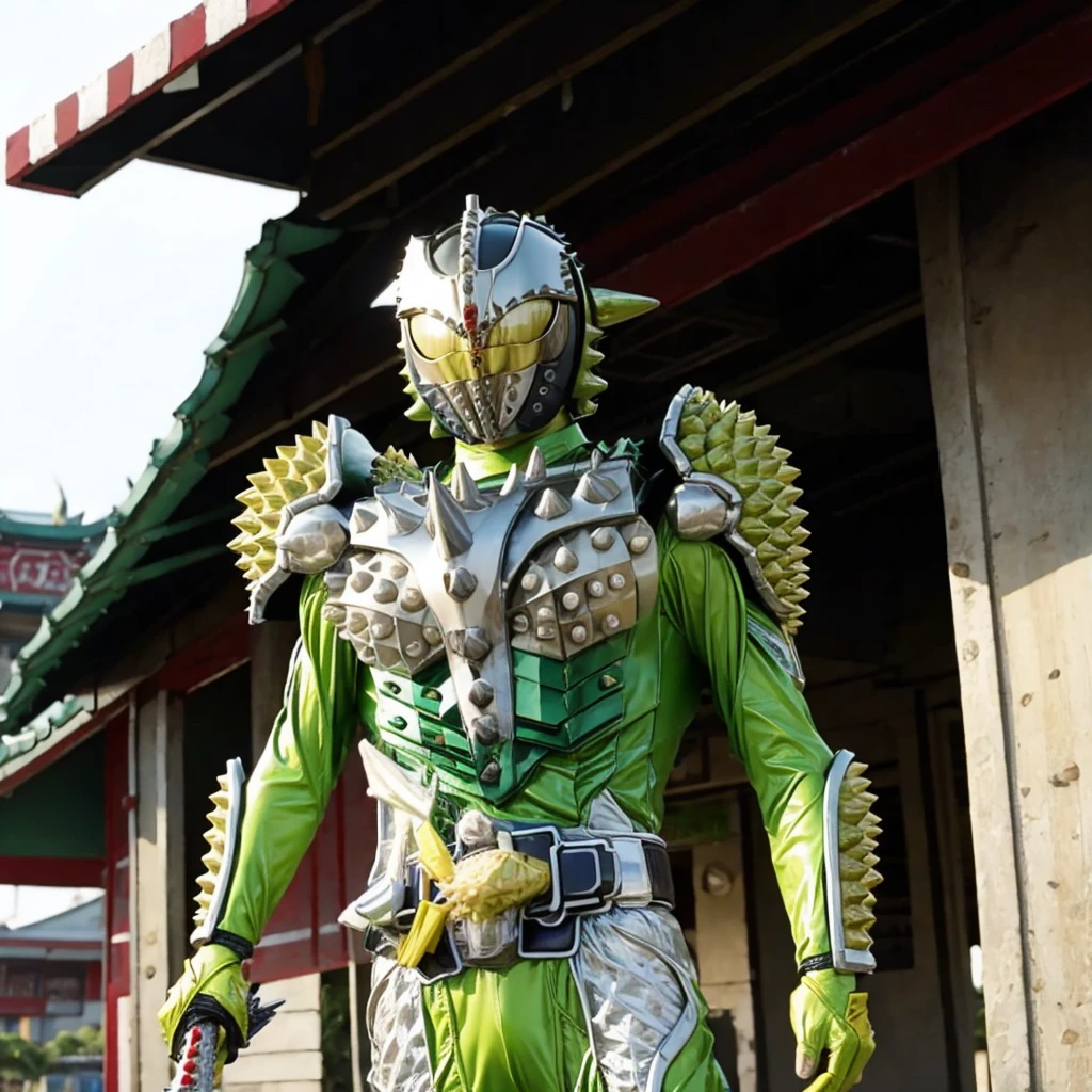 Kamen rider. Street bikes outfit. Kamen rider concept . ((Holding a durian sword)) At Chinese market . Sell a bunch lot of durian fruit.. kamen rider sell a durian. Open stall durian. Sell a durian fruit.