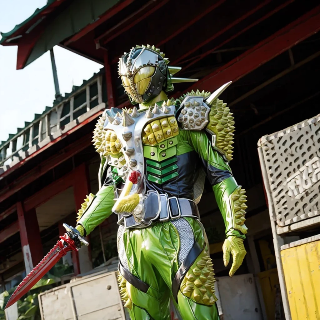 Kamen rider. Street bikes outfit. Kamen rider concept . ((Holding a durian sword)) At Chinese market . Sell a bunch lot of durian fruit.. kamen rider sell a durian. Open stall durian. Sell a durian fruit.