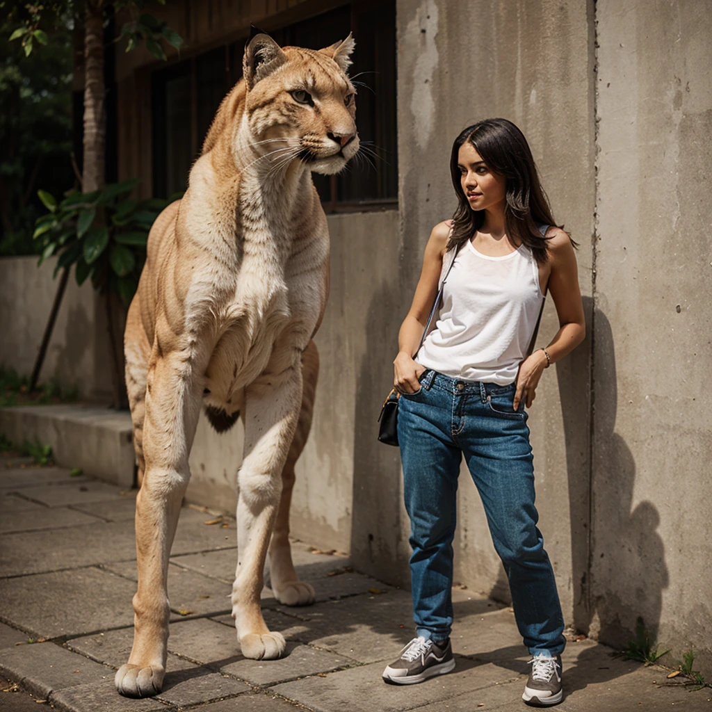 "a puma standing, dressed in a photographer's vest with multiple pockets, a backwards baseball cap, and a professional camera hanging from his neck. The background shows a natural environment, like a forest or a mountain. The puma holds the camera as if it is about to take a photo, looking through the viewfinder with a focused and professional expression.