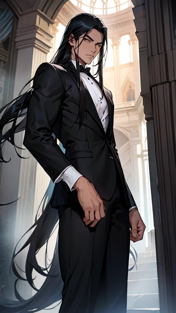 Man long black hair, elegant and killer