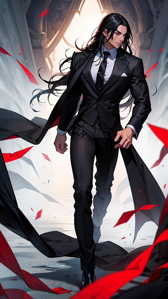 Man long black hair, elegant and killer