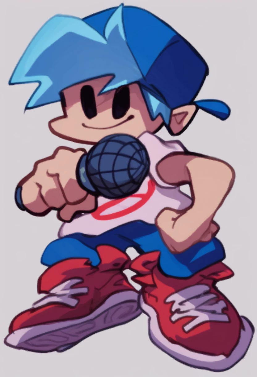 boyfriend_fnf, solo, simple background, shirt, 1boy, hat, holding, blue hair, full body, male focus, shoes, pants, red footwear, sneakers, microphone, holding microphone, black eyes, smile