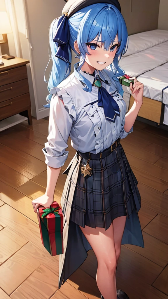 ((((Give the boy a gift box)))), (Gift exchange) ,(((Give a gift))), flat tits,8K,highest quality,masterpiece, highest quality, High resolution, side ponytail, hoshimachi suisei,skinny ,she is sadistic、 ((charm))、Keep your lips open、 (((evil grin)))、perfect proportions、perfect finger、((in her room))、(((she is standing))),from below,