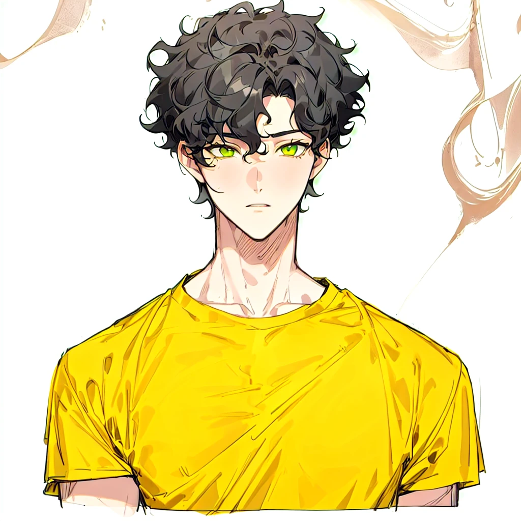 Boy1, Curly black hair, oversize yellow T-shirt, green eyes,