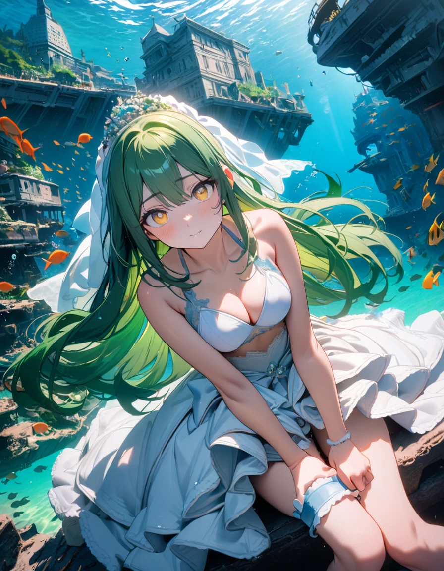 (8K, best quality, master piece: 1.2),super high resolution,1 girl,18yo,solo,ultra-detailed face,deep detailed eyes,yellow eyes,(wedding dress,bikini:1.2),Bridal garter,green hair,green hair, long hair,Breaststroke, clear ocean, sunken ship,Wide Angle,underwater city