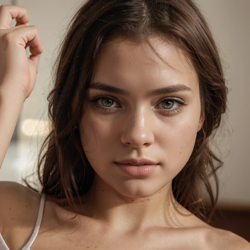 a pretty young woman, 1girl, selfie, iPhone camera, beautiful detailed eyes, beautiful detailed lips, extremely detailed face and eyes, long eyelashes, realistic, photorealistic, photo-realistic:1.37, best quality, 4k, 8k, highres, masterpiece:1.2, ultra-detailed, natural lighting, warm color tone, cinematic, soft focus, shallow depth of field, natural skin texture, beautiful body, big breast covered with t-shirt
