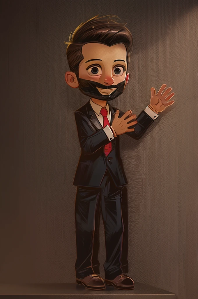 A man with a bushy beard, brunette hair but with a blonde topknot, wearing a black suit with a red tie, cartoon style - Renan Souzones 