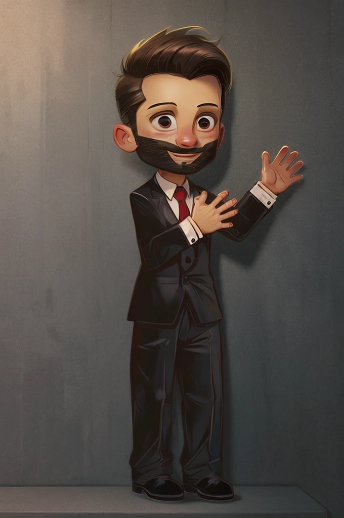 A man with a bushy beard, brunette hair but with a blonde topknot, wearing a black suit with a red tie, cartoon style - Renan Souzones 