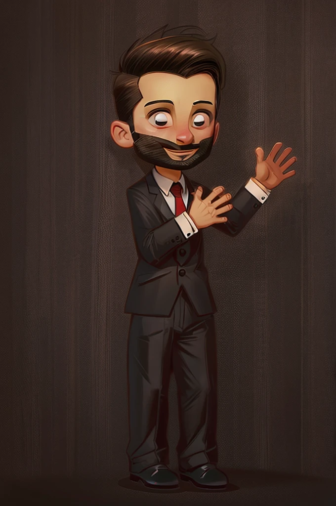 A man with a bushy beard, brunette hair but with a blonde topknot, wearing a black suit with a red tie, cartoon style - Renan Souzones 