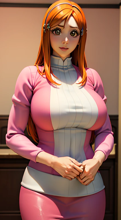 1girl, Orihime Inoue, orange hair, long hair, detailed face, beautiful detailed eyes, beautiful detailed lips, extremely detailed face, long eyelashes, pink dress, stripy print outfit, leggings, long sleeves, blue hair clip, hairband, indoor scene, room interior, smiling, (best quality,4k,8k,highres,masterpiece:1.2),ultra-detailed,(realistic,photorealistic,photo-realistic:1.37),digital painting,vibrant colors,natural lighting