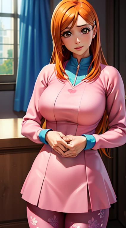 1girl, Orihime Inoue, orange hair, long hair, detailed face, beautiful detailed eyes, beautiful detailed lips, extremely detailed face, long eyelashes, pink dress, stripy print outfit, leggings, long sleeves, blue hair clip, hairband, indoor scene, room interior, smiling, (best quality,4k,8k,highres,masterpiece:1.2),ultra-detailed,(realistic,photorealistic,photo-realistic:1.37),digital painting,vibrant colors,natural lighting