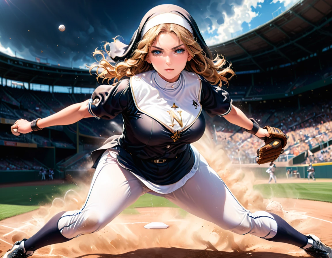 Arafed a sports capture picture of a nun playing baseball, an exquisite beautiful nun, full body, middle aged woman,  dynamic hair, dynamic style,  ultra detailed face, concentrated look, determined look, best detailed face, wearing ((nun clothes: 1.3)), standing ready in a baseball match, baseball stadium nackground, full body (best details, Masterpiece, best quality), ultra wide shot, photorealistic,  vibrant, Ultra-high resolution, High Contrast, (masterpiece:1.5), highest quality, Best aesthetics), best details, best quality, highres, ultra wide angle, 16k, [ultra detailed], masterpiece, best quality, (extremely detailed),