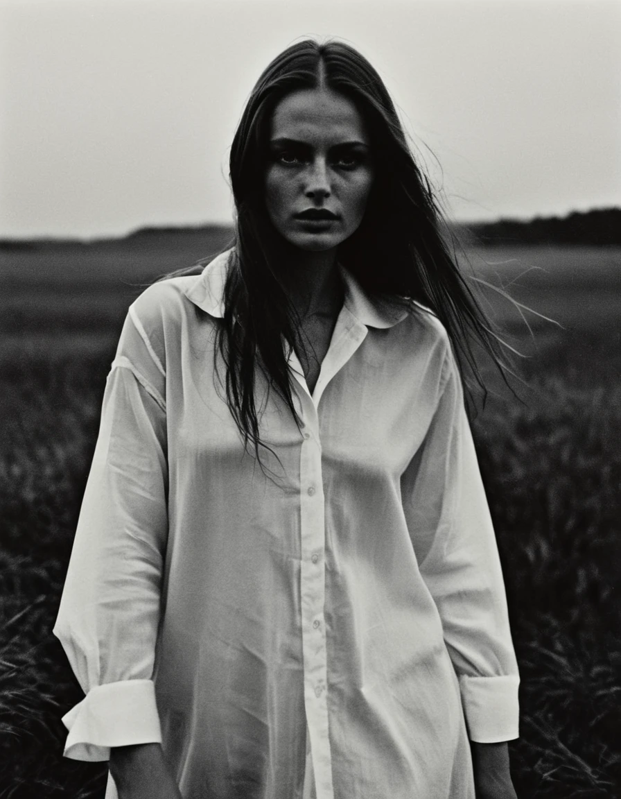 (dark mood masterpiece Photography by Mario Giacomelli:1.2), evil slavic woman, pale skin, long dark blond hair, Stunning b&w 35mm full body photo of a beautiful, perfecteyes, dark circles under eyes, highly detailed skin, (lightest freckles:0.9), standing in a casual pose with her hands on her nipples. wearing (wide-open:1.34) white_silk_shirt. unbuttoned shirt. (nipslip:1.4). a loose-fitting oversized men's unbuttoned shirt, open white business shirt. intricate poses by ruth bernhard. (Photography and style by ruth bernhard). 35mm, Hasselblad. capturing fashion-forward visuals, creating visual impact,evoking emotion,pushing creative boundaries. golden hour, shot from the side, playful pose, god rays,artistic photoshoot
