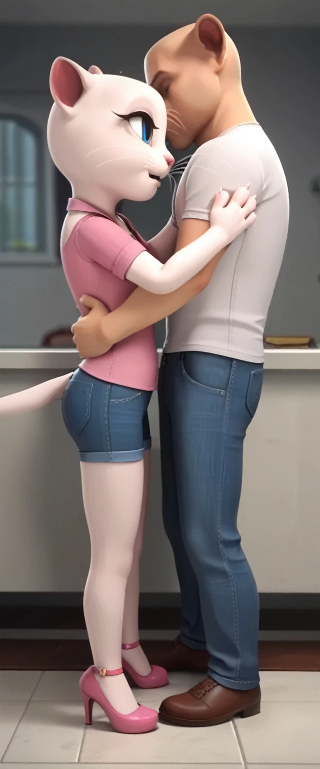 solo focus, a_la, 1girl, cat, white fur, long whiskers on both sides of the face, big bright blue eyes, big black eyelashes, pink nose, triangular ears with pink channels, high heels, jeans rolled down.odok side view Male knees He stands, bending slightly, and
takes him in his arms. The woman puts her legs around the man's waist,
He wraps his arms around his neck. For this position, the man
must be strong, also by sitting down into the position first
It makes it easier to start.sex.anal fucking in the anus.