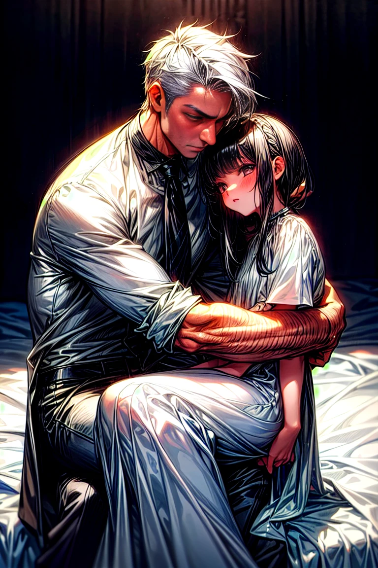 a sexy attractive 22 year old silver haired man staring at a cute 3 year old with dark black hair in a white dress