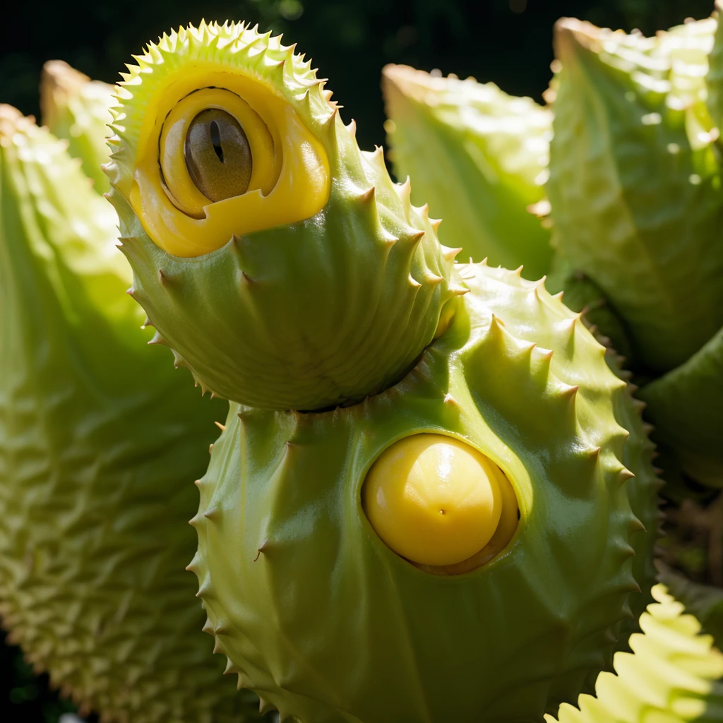 Durian alien . Big body. Horror. Yellow big eyes. Bokeh ember background. Open mouth man teeth.