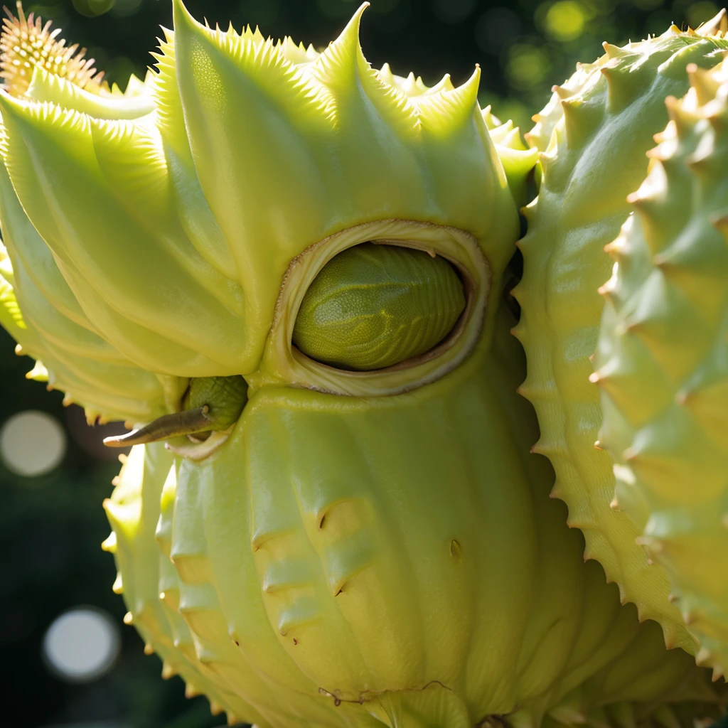 Durian alien . Big body. Horror. Yellow big eyes. Bokeh ember background. Open mouth man teeth.