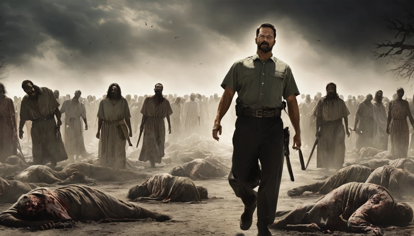 create a strong man walking among dead bodies, A Biblical Scene