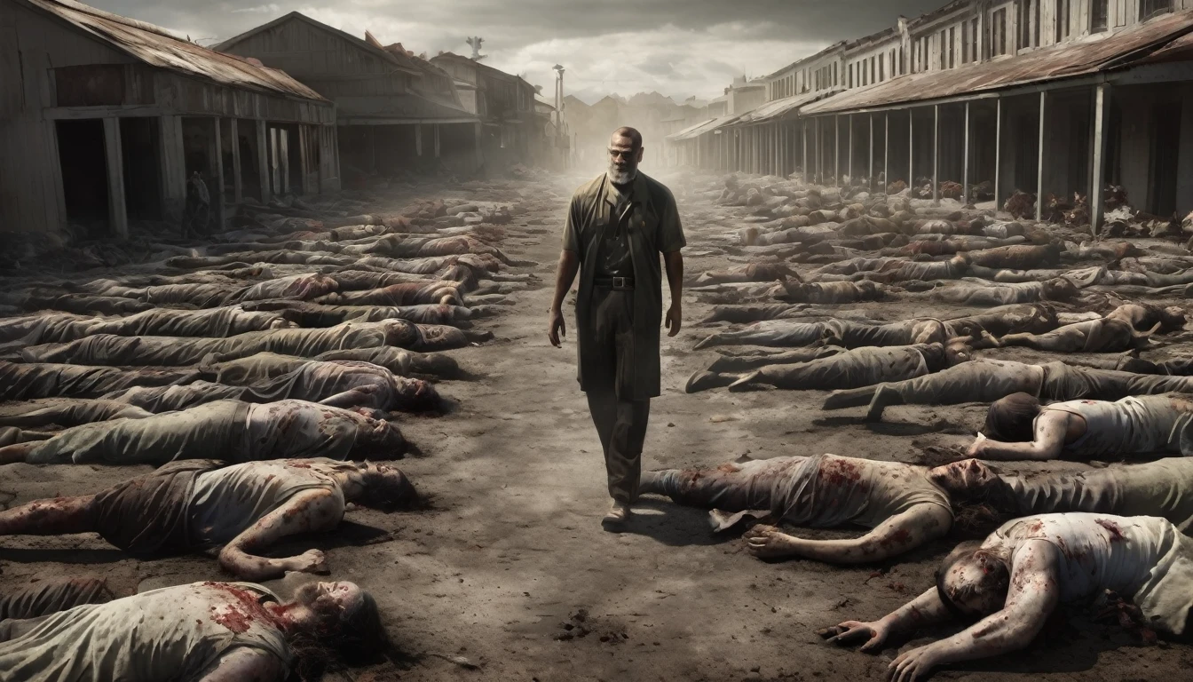 create a strong man walking among dead bodies, A Biblical Scene