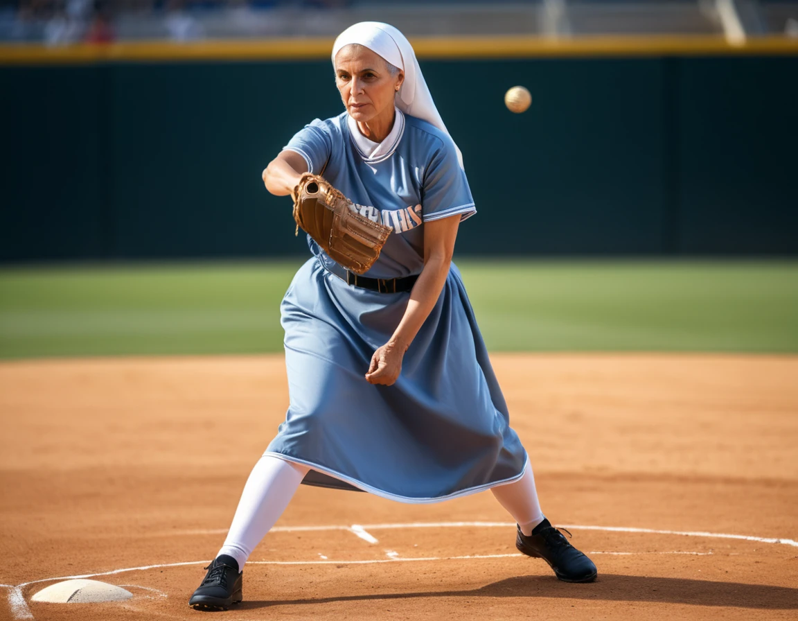 Arafed a sports capture picture of a nun playing baseball, an exquisite beautiful nun, full body, middle aged woman,  dynamic hair, dynamic style,  ultra detailed face, concentrated look, determined look, best detailed face, wearing ((nun clothes: 1.3)), standing ready in a baseball match, baseball stadium nackground, full body (best details, Masterpiece, best quality), ultra wide shot, photorealistic,  vibrant, Ultra-high resolution, High Contrast, (masterpiece:1.5), highest quality, Best aesthetics), best details, best quality, highres, ultra wide angle, 16k, [ultra detailed], masterpiece, best quality, (extremely detailed),