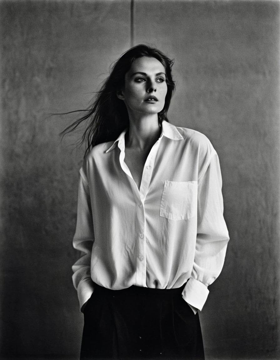 (dark mood masterpiece Photography by Mario Giacomelli:1.2), evil slavic woman, pale skin, long dark blond hair, Stunning b&w 35mm full body photo of a beautiful, perfecteyes, dark circles under eyes, highly detailed skin, (lightest freckles:0.9), standing in a casual pose with her hands on her nipples. wearing (wide-open:1.34) white_silk_shirt. unbuttoned shirt. (nipslip:1.4). a loose-fitting oversized men's unbuttoned shirt, open white business shirt. intricate poses by ruth bernhard. (Photography and style by ruth bernhard). 35mm, Hasselblad. capturing fashion-forward visuals, creating visual impact,evoking emotion,pushing creative boundaries. golden hour, shot from the side, playful pose, god rays,artistic photoshoot