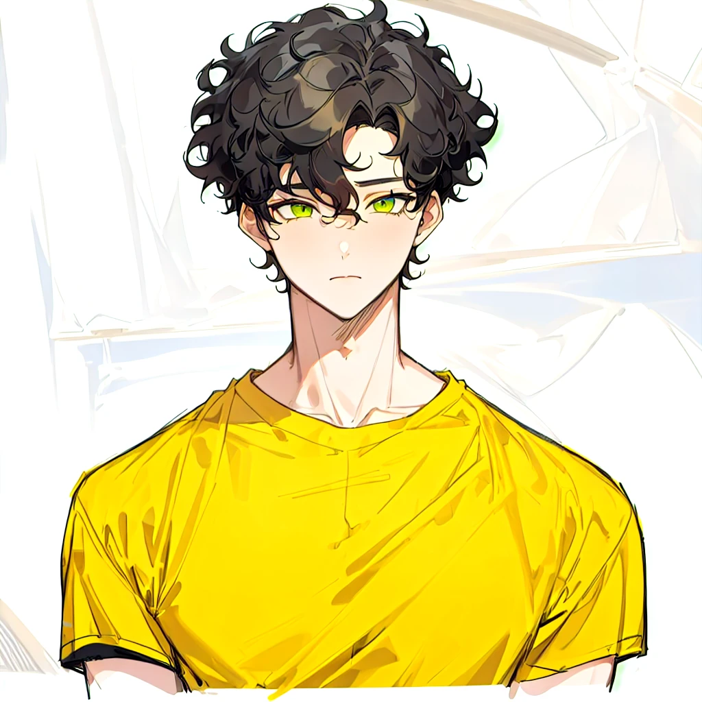 Boy1, Curly black hair, oversize yellow T-shirt, green eyes,
