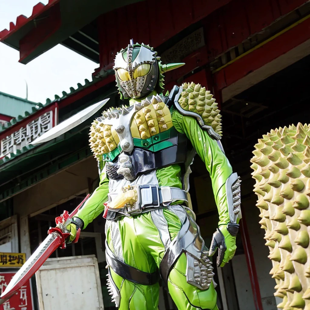 Kamen rider. Street bikes outfit. Kamen rider concept . ((Holding a durian sword)) At Chinese market . Sell a bunch lot of durian fruit.. kamen rider sell a durian. Open stall durian. Sell a durian fruit.