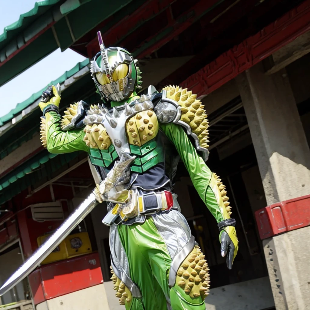 Kamen rider. Street bikes outfit. Kamen rider concept . ((Holding a durian sword)) At Chinese market . Sell a bunch lot of durian fruit.. kamen rider sell a durian. Open stall durian. Sell a durian fruit.