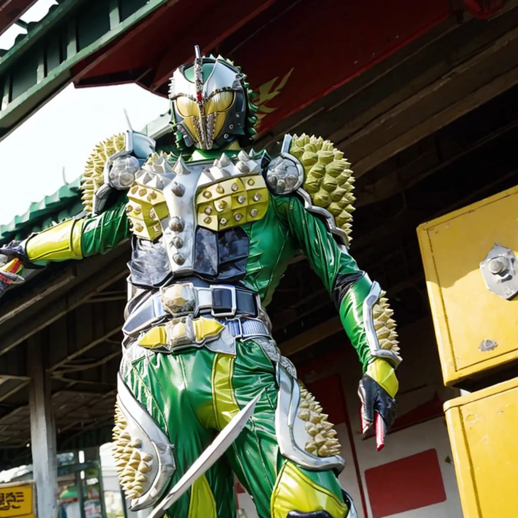 Kamen rider. Street bikes outfit. Kamen rider concept . ((Holding a durian sword)) At Chinese market . Sell a bunch lot of durian fruit.. kamen rider sell a durian. Open stall durian. Sell a durian fruit.