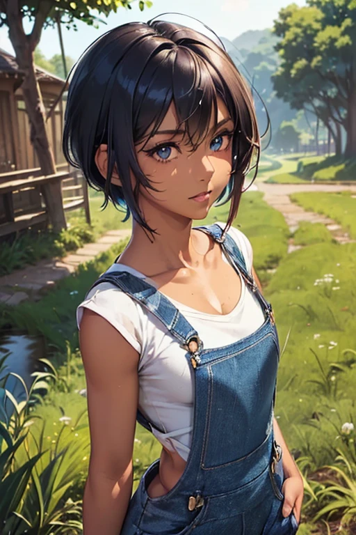 #Basics A girl is posing for a photo, animeのかわいい女の子, (((One Girl, Baby Face, Young girl, 16 years old))),
BREAK
#Clothing Accessories
((Blue denim overalls:1.4) + He wears a black T-shirt underneath his overalls + Tight fitting through the waist + The bottom part is long blue denim jeans + Light blue sneakers),
Red gemstone earrings, fancy silver necklace,
BREAK
#Features
((Red hair)), (asymmetrical bangs:1.3 (Short Hair : Short Hair:1.3 + Straight hair + Thin Hair),
(Droopy eyes, blue eyes), (Small breasts), ((Tanned and dark skin:1.4)),
BREAK
#background environment
(noon、(Sunlit field, Waterways, Rural landscape, Watermill)),
#Facial Expression Pose
((Wicked Smile), (A powerful walking pose with arms naturally hanging down at the sides)),
#composition
((Face the camera, Cowboy Shot)),
BREAK
#Body parts elements
(Detailed hair, Beautiful Hair, Shiny Hair),
(double eyelid, Long eyelashes),
(Expression of fine eyes, Beautiful and delicate eyes, Sparkling eyes, Eye Reflexes, Glitter Eyeliner),
(Human Ear),
(Beautiful Nose, Thin Nose),
(Glossy lips, Beautiful Lips, Thick lips, Glossy Lips, Natural Cheeks),
(Detailed face, Symmetrical facial features),
(Detailed skin, Textured skin, Beautiful Skin, Shiny skin),
BREAK
#Quality
(((Highest quality)), ((masterpiece)), ((Very detailed))), ((High resolution), (16K,1080P)),
(Realistic), (Anatomically correct),
((comics, anime)), (3DCG), CG illustration,