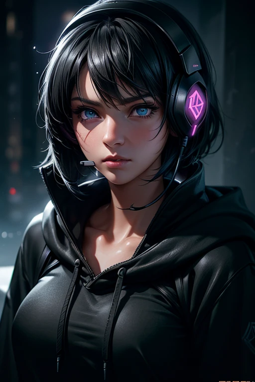 a girl with short black hair, wearing a large hoodie, gaming headset, detailed beautiful eyes, detailed beautiful lips, extremely detailed face and skin, photorealistic, digital art, 8k, highly detailed, hyper realistic, cinematic lighting, dramatic color palette, dramatic lighting, moody atmosphere, fantasy, concept art, illustration