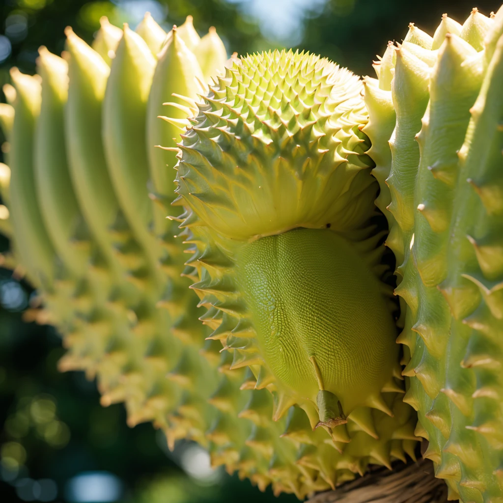 Durian alien . Big body. Horror. Yellow big eyes. Bokeh ember background. Open mouth man teeth.