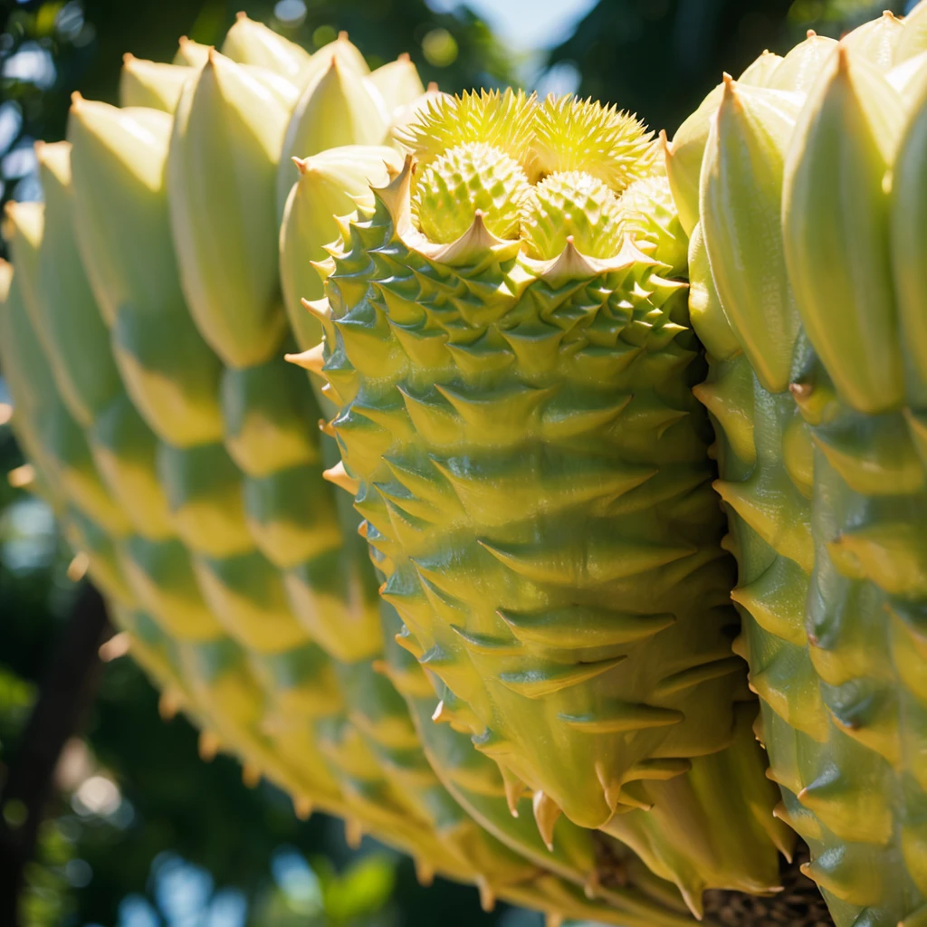 Durian alien . Big body. Horror. Yellow big eyes. Bokeh ember background. Open mouth man teeth.