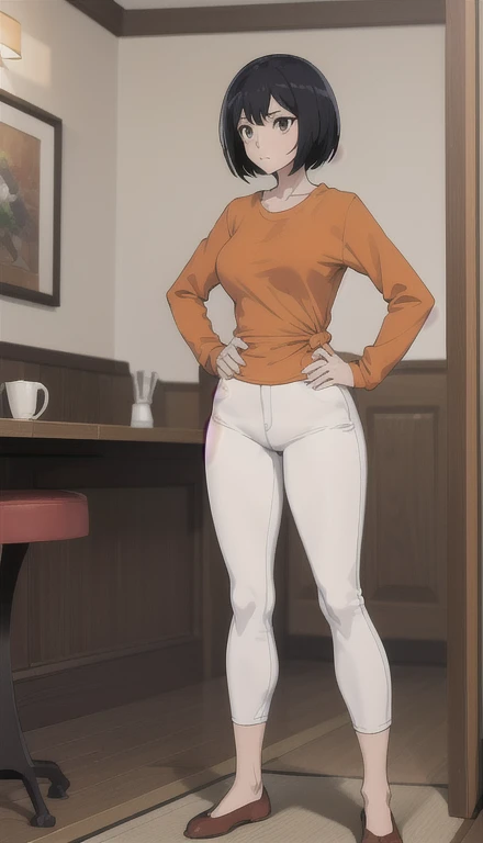 (masterpiece, best quality), sakurada, orange t shirt, long sleeves, white pants, boot cut jeans,  scoop neck, indoors, caffe, Hands on hips, belly botton, blue shoes, full body, looking at the vewers, standing,