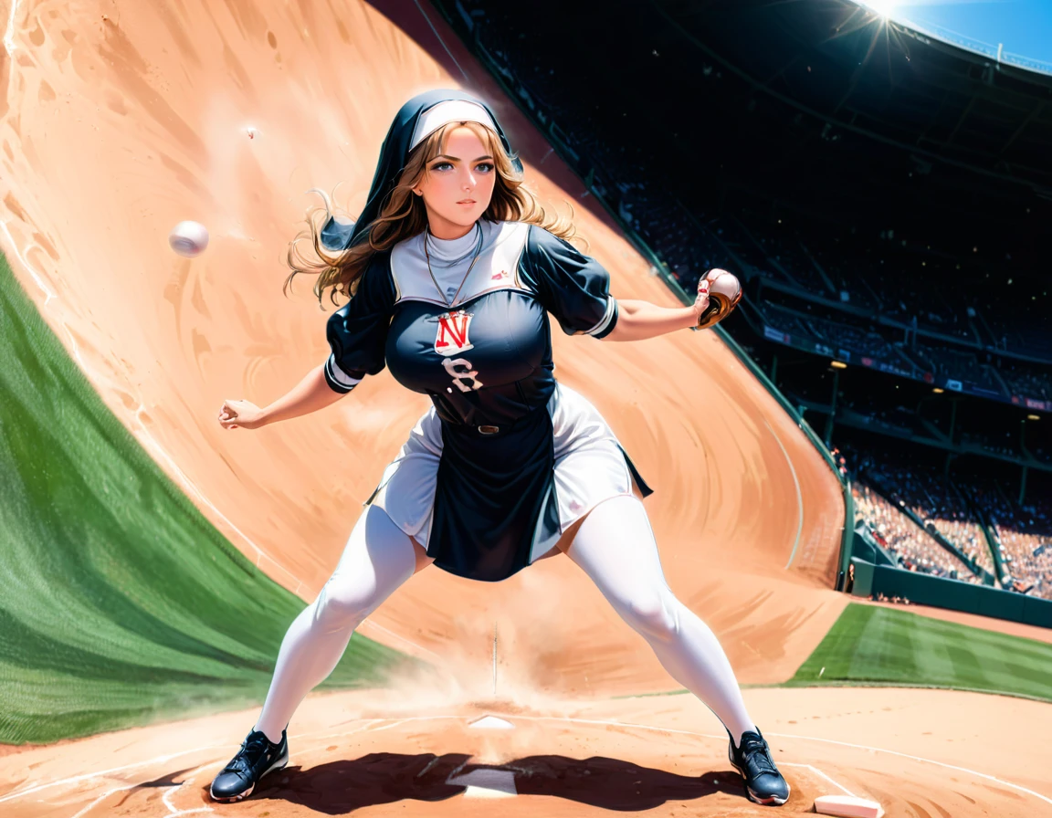 Arafed a sports capture picture of a nun playing baseball, an exquisite beautiful nun, full body, middle aged woman,  dynamic hair, dynamic style,  ultra detailed face, concentrated look, determined look, best detailed face, wearing ((nun clothes: 1.3)), standing ready in a baseball match, baseball stadium nackground, full body (best details, Masterpiece, best quality), ultra wide shot, photorealistic,  vibrant, Ultra-high resolution, High Contrast, (masterpiece:1.5), highest quality, Best aesthetics), best details, best quality, highres, ultra wide angle, 16k, [ultra detailed], masterpiece, best quality, (extremely detailed),