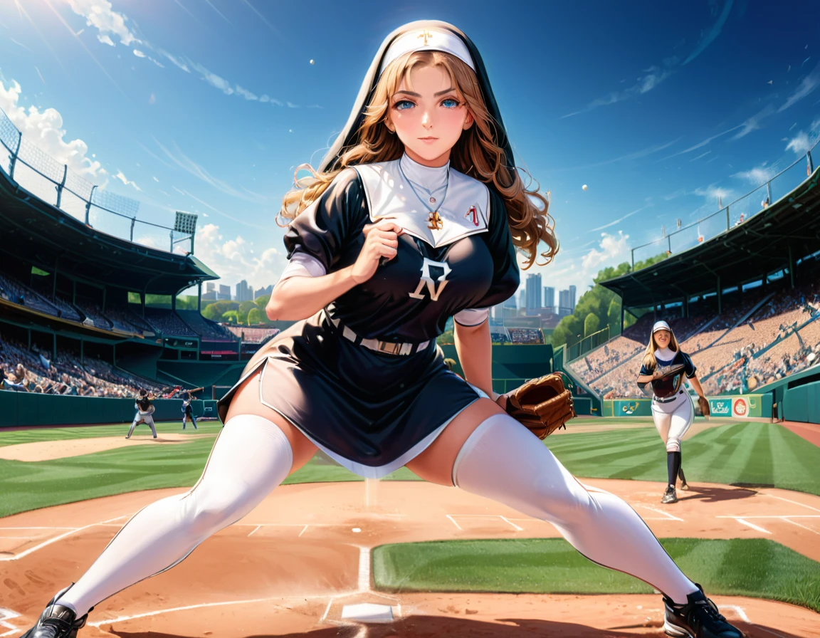 Arafed a sports capture picture of a nun playing baseball, an exquisite beautiful nun, full body, middle aged woman,  dynamic hair, dynamic style,  ultra detailed face, concentrated look, determined look, best detailed face, wearing ((nun clothes: 1.3)), standing ready in a baseball match, baseball stadium nackground, full body (best details, Masterpiece, best quality), ultra wide shot, photorealistic,  vibrant, Ultra-high resolution, High Contrast, (masterpiece:1.5), highest quality, Best aesthetics), best details, best quality, highres, ultra wide angle, 16k, [ultra detailed], masterpiece, best quality, (extremely detailed),