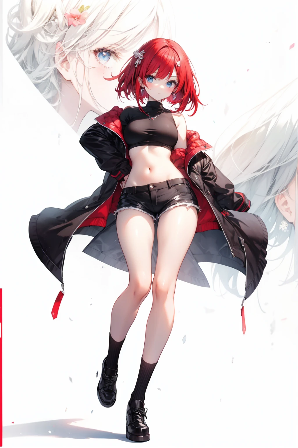 anime girl red hair, raising the hips, shorts negros, White socks,