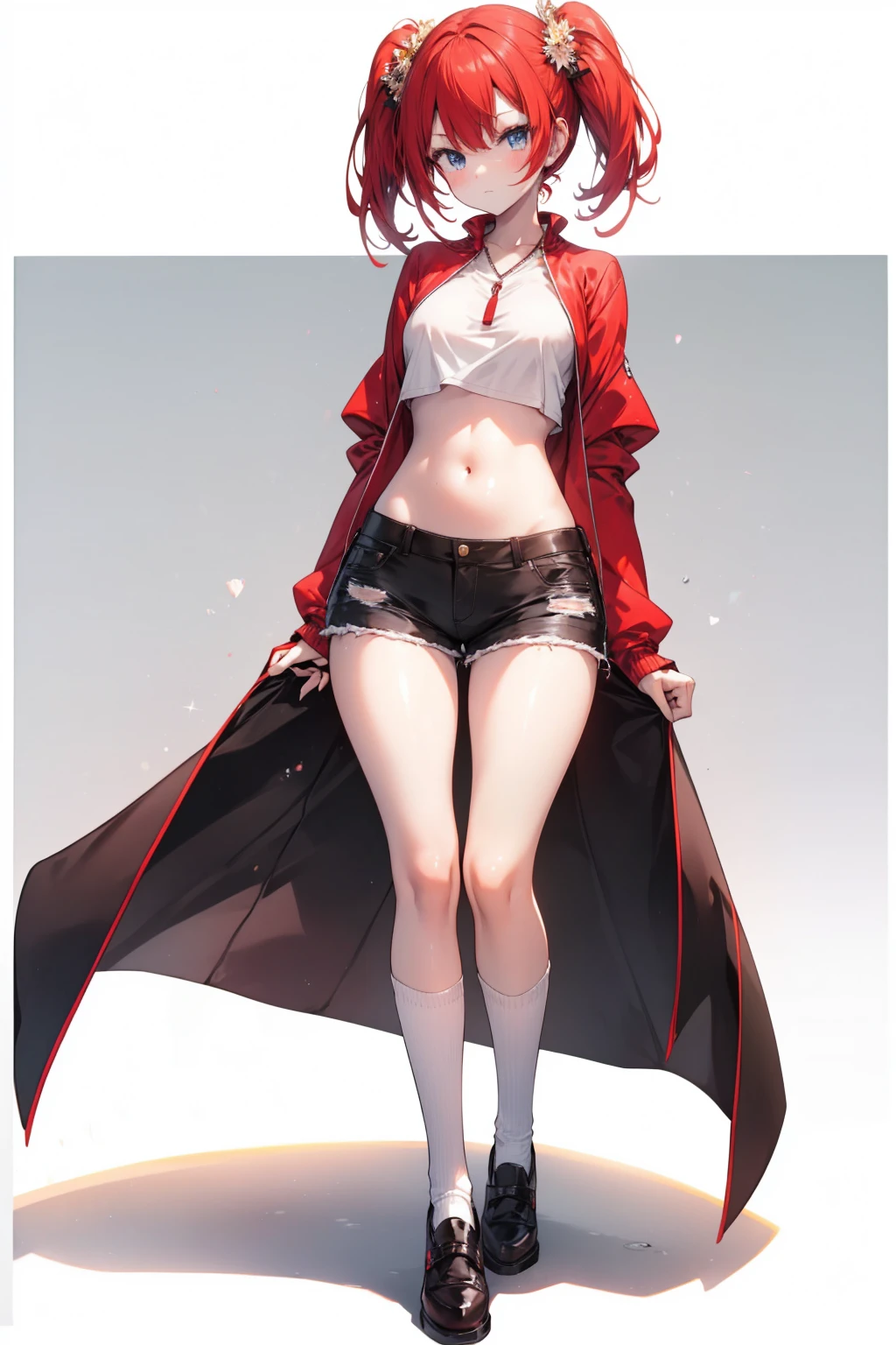 anime girl red hair, raising the hips, shorts negros, White socks,