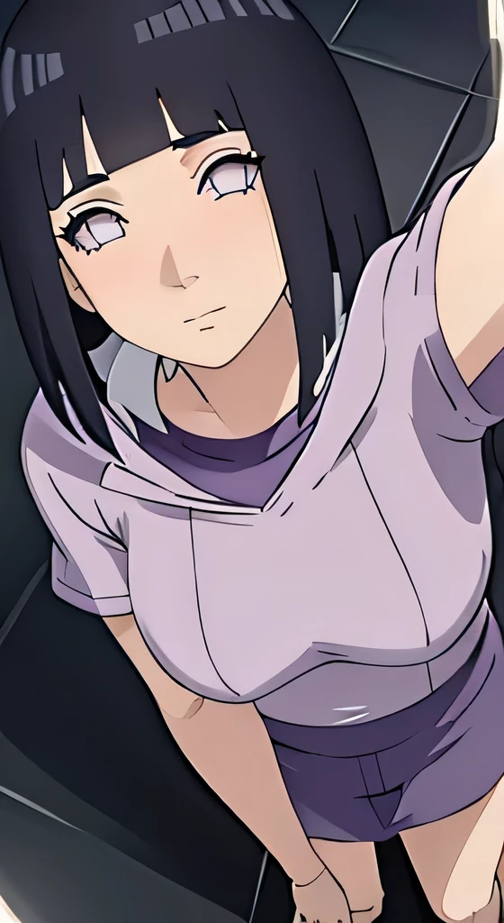 Mature hinata hýuga medium breasts, thin legs, dark hair , illuminated, blushing looking up, taking a selfie, boy next to girl, ((Aerial view))