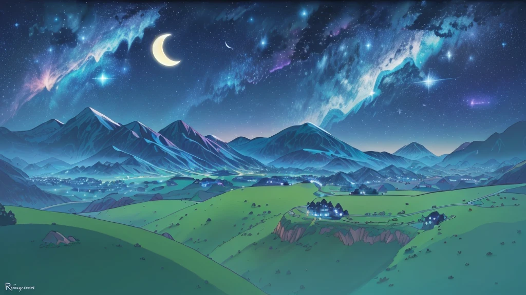 cartoon of a mountainous landscape with a sky full of stars and a crescent moon, moonlit starry sky environment, in an alien pasture, cosmos infinito ao fundo, amazing background, Galactic Landscape, night village background, de Rick e Morty, high-quality wallpaper, Steven Universe, cosmos scenery, background art, animated episode yet, distant village background, cosmic landscape